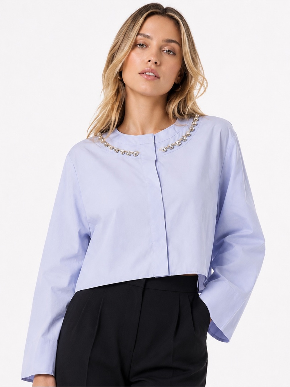 Sandro Paris Blue Crystal Collar Cropped Shirt M NWT